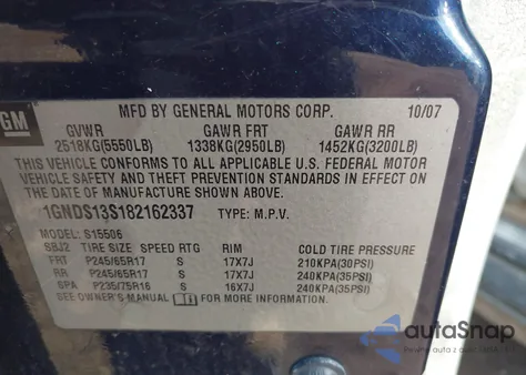 2008 Chevrolet Trailblazer Lt from USA, damaged, VIN 1GNDS13S182162337